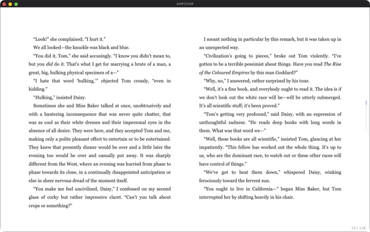 Reading a book on the desktop app, two pages at a time