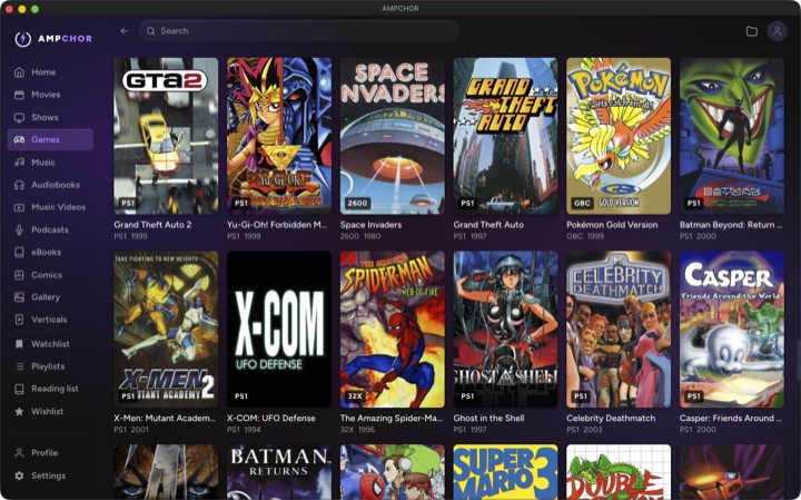 The games library, with covers and platform badges