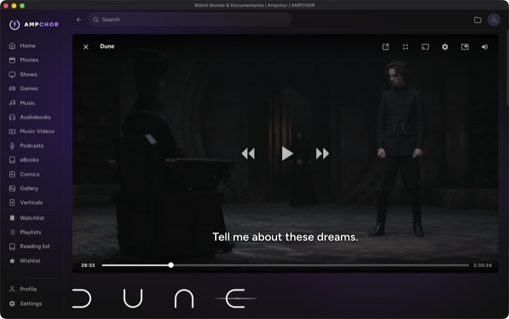 A film playing on the desktop app, with subtitles