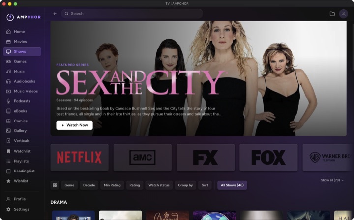 The shows library: a featured series and networks